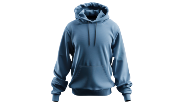 Blue hoodie mockup featuring long sleeves and front pocket on transparent background