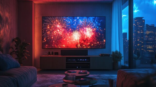 Cozy living room with large tv displaying colorful fireworks at night near city view window
