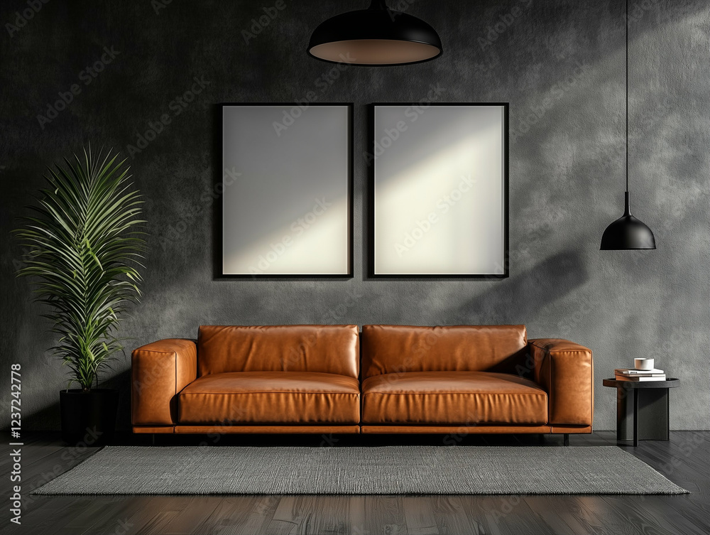 Wall mural Brown leather sofa in modern living room interior with two framed posters on the wall. Modern interior with brown leather sofa and plant in a pot