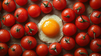 Fresh tomatoes surrounding a sunny side up egg on a rustic tabletop ready for a healthy meal preparation