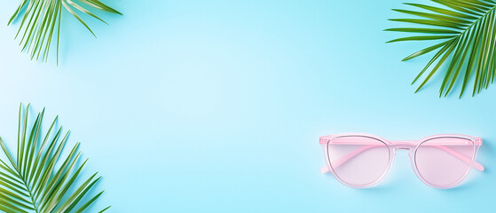 Summer vibes with pastel sunglasses and tropical palm leaves on a bright blue background in a relaxed setting background, wallpaper, creative design, , bright colors, abstract
