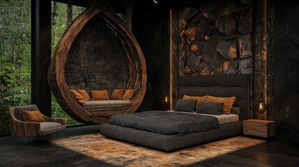 Jungle view luxury bedroom, dark wood design