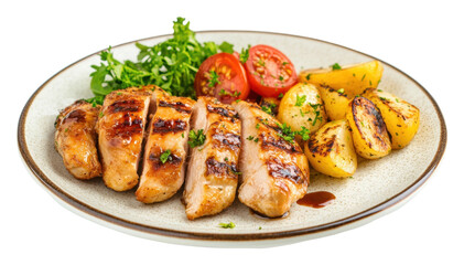 Grilled chicken with vegetables and herbs on plate isolated on transparent background
