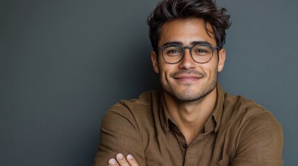 Fototapeta premium Smiling young man with glasses in brown shirt against gray background