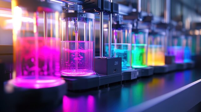 Automated machinery mixing and producing vibrant, colorful liquids in a state of the art laboratory setting, highlighting innovative production techniques