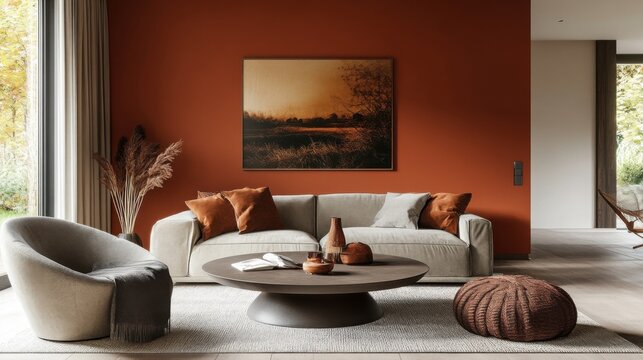 Cozy modern living room with orange accent wall and stylish furniture arrangement