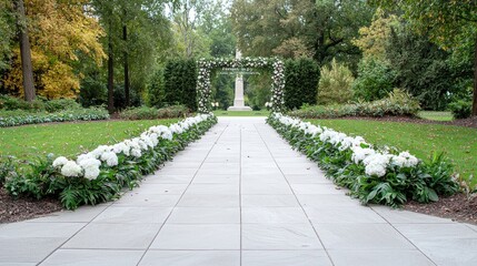 Obraz premium Garden wedding aisle, ceremony arch, park background, event