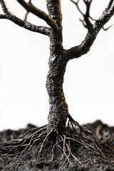 Bare tree branches with a black coating, possibly indicating a lack of nutrients or harsh conditions.
