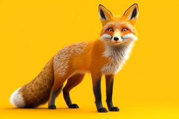 Obraz premium fox on a yellow background, fox on a blank yellow background, a fox, fox, cute fox, yellow background, copy space for add text, 3d rendering, 3d, vector, AI generative