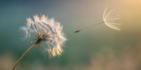 Delicate dandelion seeds drifting in soft sunlight during a calm morning in nature's beauty