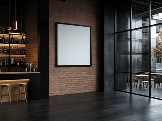Bar counter in modern interior with brick wall and black frame. Modern bar design with wooden stools and dark floor