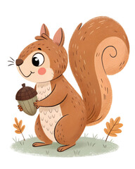 Cute cartoon squirrel holding an acorn in a forest setting during autumn Transparent PNG