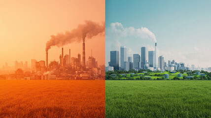 Obraz premium image contrasts industrial pollution with clean, green cityscape, highlighting environmental, Global Warming and Climate Crisis Themed
