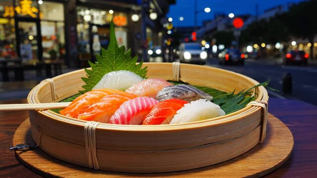 Set of sushi and rolls in plate on table with blurred street in background. A row of different types of seafood on tray.