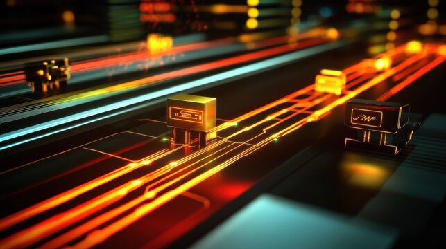 Packages are moving on glowing lines of a futuristic circuit board, symbolizing an innovative production system managing and tracking goods in real time