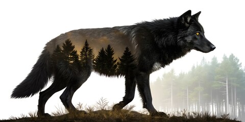 Powerful black wolf walks through a forest landscape filled with tall trees blending seamlessly in its silhouette at dawn