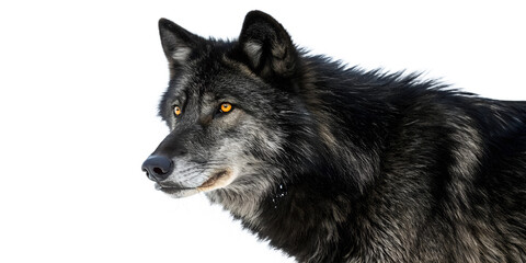 Fototapeta premium Black wolf with striking golden eyes stands alert in a snowy landscape showing details of its fur coat and expression Transparent PNG