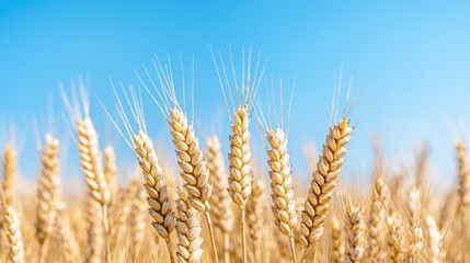 Fototapeta premium Golden wheat field under a clear blue sky
