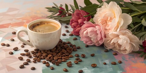 Obraz premium Beautiful arrangement of fresh flowers and coffee beans beside a cup of espresso on a vibrant, artistic with a colorful background, wallpaper, creative design, dessert, bright colors, advertising