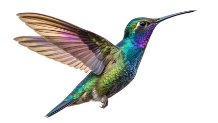 Fototapeta premium Colorful hummingbird with iridescent feathers flying in a bright setting near flowers in a tropical environment Transparent PNG