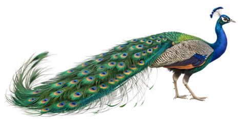 Colorful peacock displaying its vibrant plumage in a natural setting during daylight hours Transparent PNG
