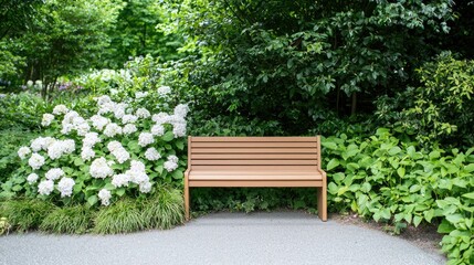 Serene park bench, white hydrangeas, lush greenery, peaceful rest