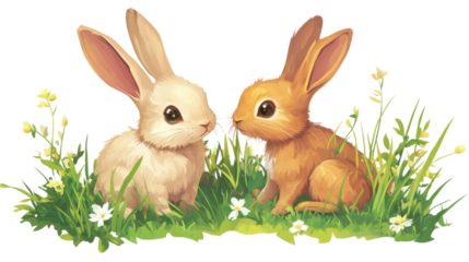 Two cute rabbits sitting in grass with flowers and transparent background