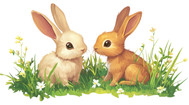 Two cute rabbits sitting in grass with flowers and transparent background