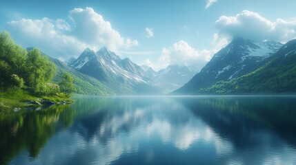 Fototapeta premium Tranquil Mountain Lake Reflecting Majestic Surroundings Underneath the Azure Sky