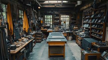 Crafting tools and materials fill a creative workspace in a well-organized studio during daylight hours