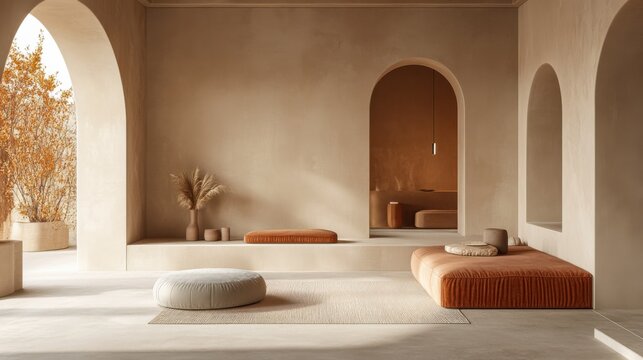 Minimalist zen-inspired living room with arches and earth tones