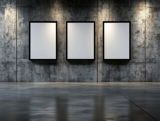 Three empty frames on a concrete wall in an art gallery. Empty frames hanging on the wall in the art gallery