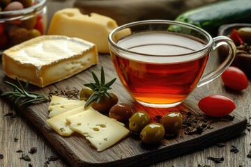 Tea and cheese pairing with herbs, olives, tomatoes. A healthy appetizer option.