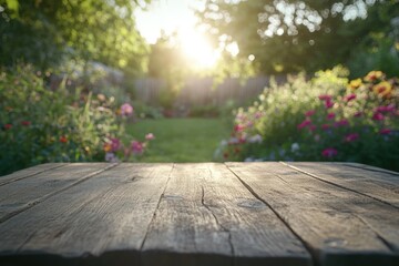 Wooden bench in garden with flowers and morning sunlight.