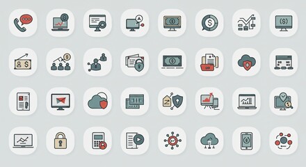 Minimalistic icons with a flat design style, covering essential business and tech concepts