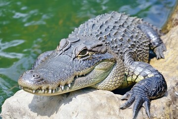 Obraz premium A crocodile sitting and resting, possibly in a zoo or sanctuary.