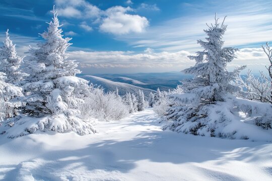 A picturesque winter scene with a clear blue sky and snow-covered landscape.