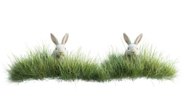 Two white rabbits hiding in green grass with transparent background