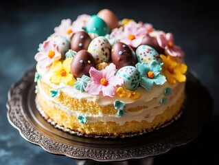 A cake with a floral design and eggs on top. The cake is decorated with pink, yellow, and blue frosting and has a silver plate underneath it