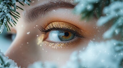 Sparkling eye with golden eyeshadow surrounded by snowy pine branches in winter wonderland