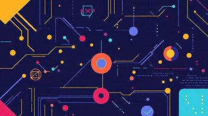 Explore an abstract illustration of big data visualization, featuring lines, binary code, and data connections in a modern style.
