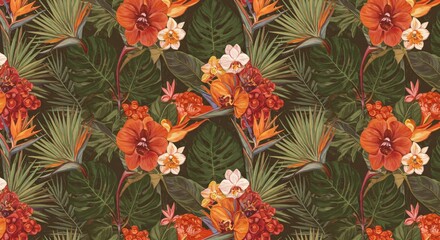 Seamless patterns with tropical leaves and exotic flowers for packaging or fabric design