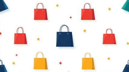 This vibrant 2D vector pattern features stylish shopping bags on a minimalist white backdrop, accented with red and yellow pops.