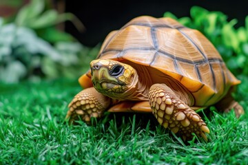 Obraz premium A small brown and yellow turtle is sitting on the grass. The turtle is looking up at the camera