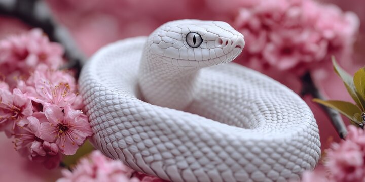 A white python snake with distinctive black and yellow patterns. This captive species lives in an indoor habitat at a zoo.