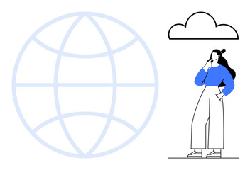 Woman in blue sweater standing beside a large globe sketch and a cloud icon above her. Ideal for themes thumbs up global connectivity, innovation, internet, cloud computing, technology, digital