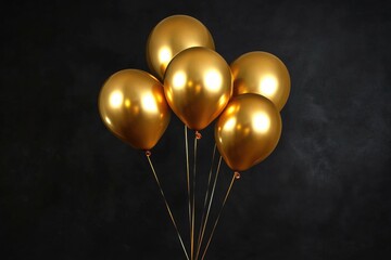 A bunch of gold balloons are tied together. The balloons are shiny and look like they are made of gold. The balloons are tied together in a bunch, and they are all facing the same direction