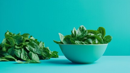A bowl filled with green leaves sits atop a blue counter
