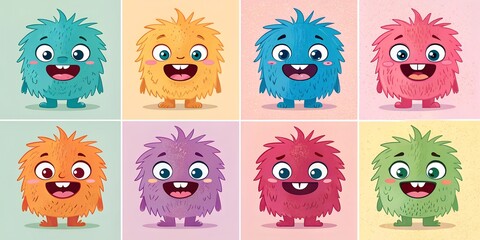 Colorful, furry creatures with big smiles and playful expressions in a cheerful arrangement showcasing diverse emotions and shapes generated  AI