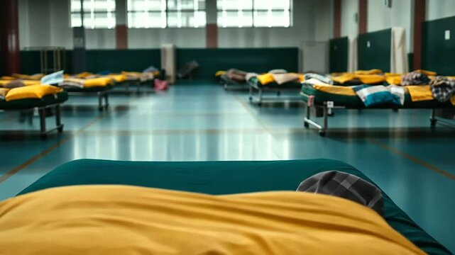 Close-up of a single cot with a pillow and blanket in a gym, surrounded by rows of other cots, emphasizing a temporary emergency shelter.